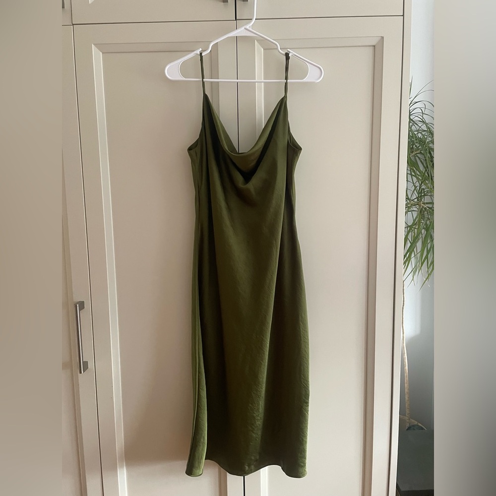 Aritzia Olive Green Slip Midi Dress with Cowl Neck